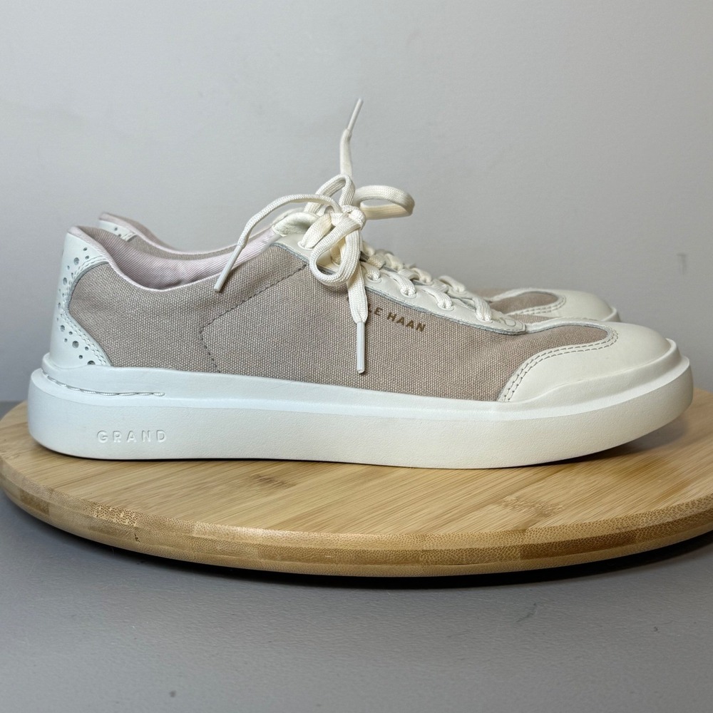 Cole Haan GrandSeries Sneaker Womens 8.5 Beige White Canvas Leather Excellent